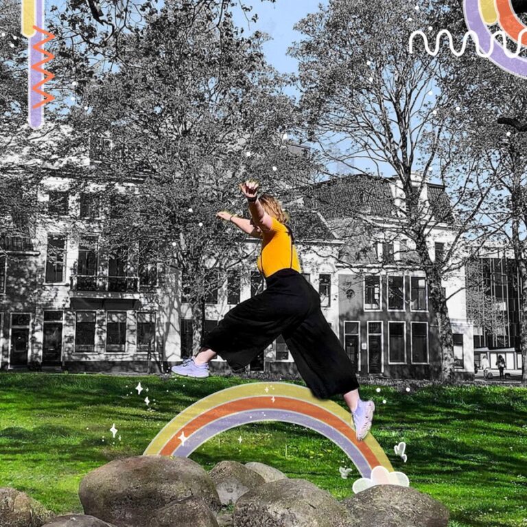 Wendy jumping in the air in a yellow shirt and black pants while wearing lilac shoes. In the background there are houses in gray scale. Underneath her there's a rainbow drawn into the picture with some glitter around it.