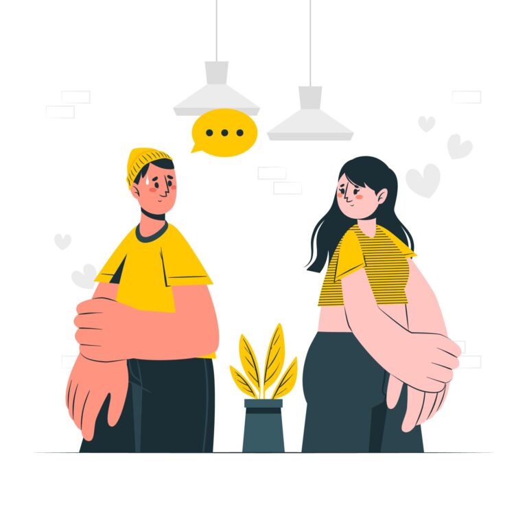Illustration of two people turned away from each other, looking sad, one tries to talk to the other