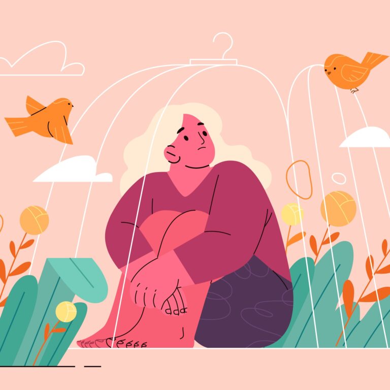 Illustration of a woman sad, sitting outside inside a cage, a bird opens the door