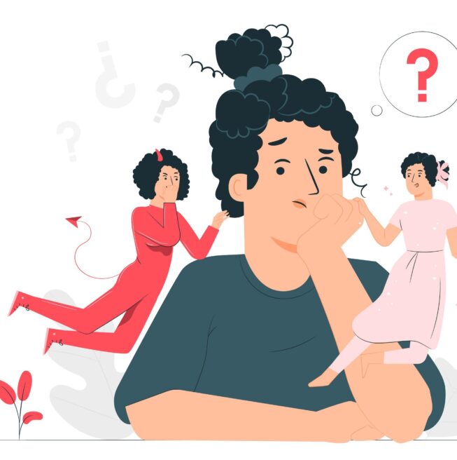 Illustration of a woman trying to decide between the devil and the angel on her shoulder