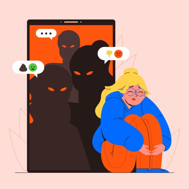 An illustration of a woman sitting in front of a big phone with scary looking shadows in it who cyber bully her