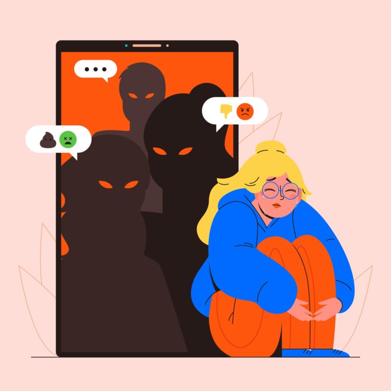 An illustration of a woman sitting in front of a big phone with scary looking shadows in it who cyber bully her