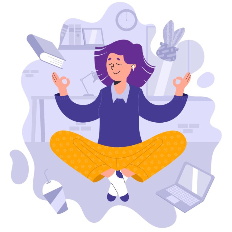 An illustration of a woman meditating in the middle of items that represent the work she still has to do