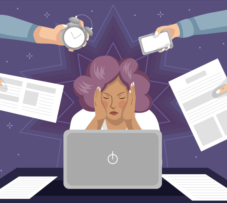 illustration of a person at a desk overwhelmed while papers and phones are being handed to her
