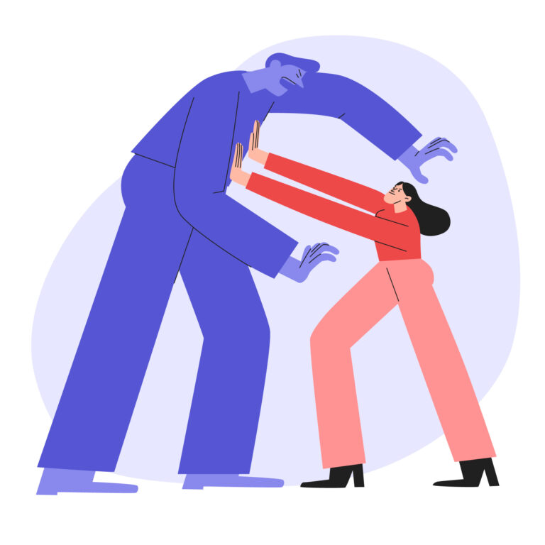 An illustration of a person towering over another person in a threatening way while the other divisive people tries to push them away