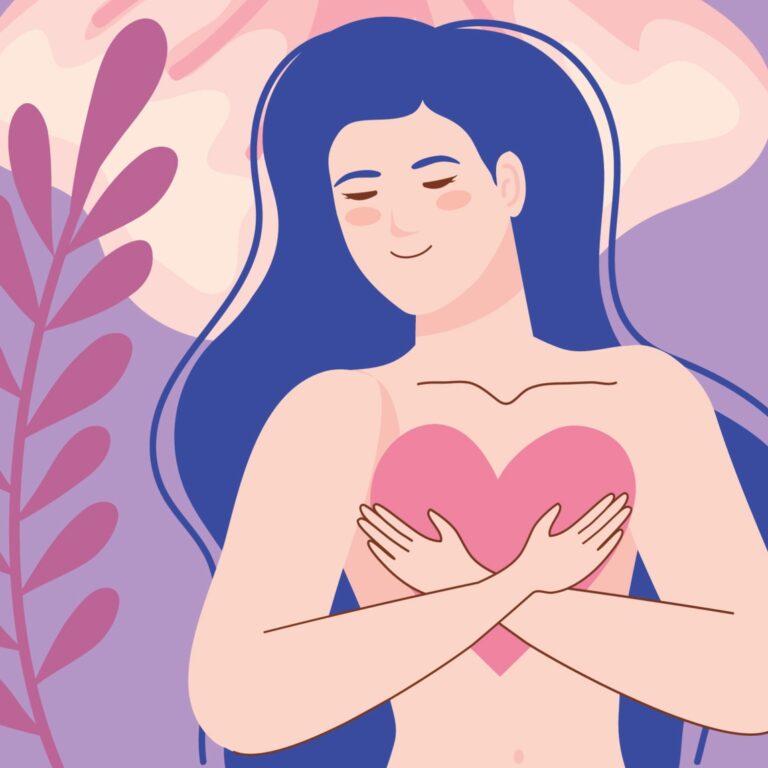 illustration of a woman holding a heart in front of flowers