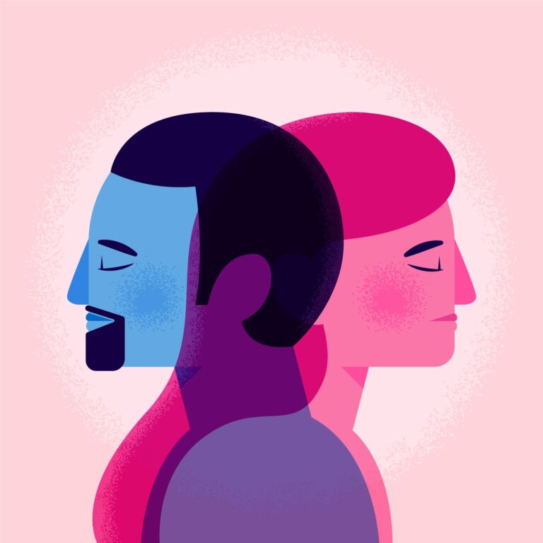 illustration of a man and a woman smiling contently in blue and pink portraying unrealistic gender expectations