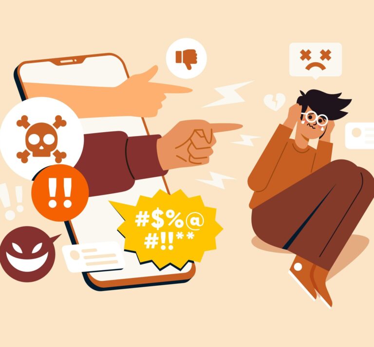 Illustration of a person next to their phone while angry notifications pop up. The person looks scared