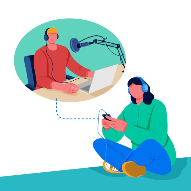 Illustration of a woman listening to a podcast by a man through her headphones while looking at her phone.