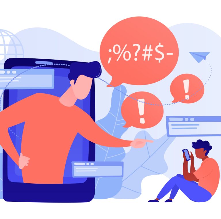 Bully in smartphone harassing, threatening and intimidating upset victim online. Cyberbullying, online flooding, social network harassment concept. Pinkish coral bluevector isolated illustration