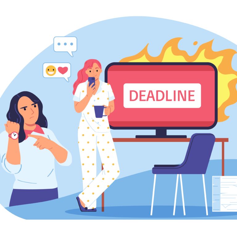 illustration of a person sipping coffee and checking her phone while her computer is on fire and "deadline" appears in big letters on the screen. On the side, a person is pointing at their watch.