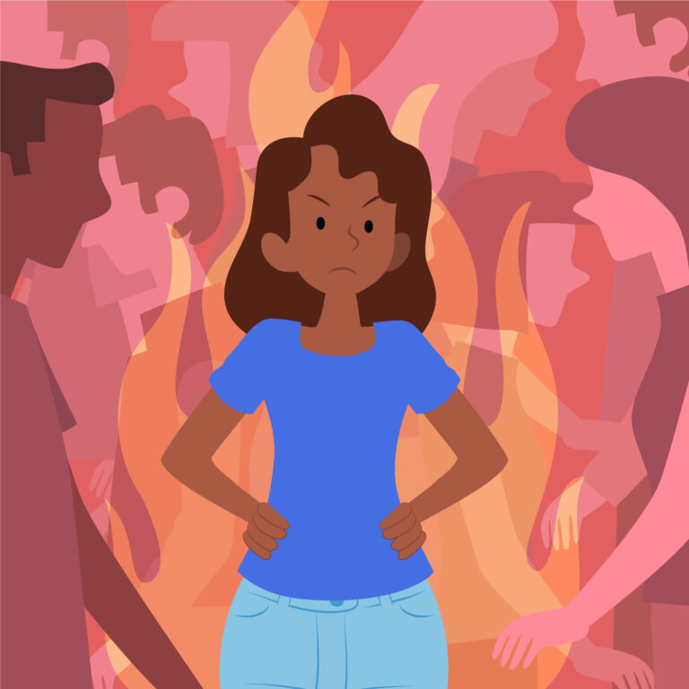 Illustration of a woman standing in between other people. Her eyebrows are pointing down and the corners of her mouth are pointing down too. Her arms are on her side and around her a fire is drawn. The people around her don't have faces and walk past her.