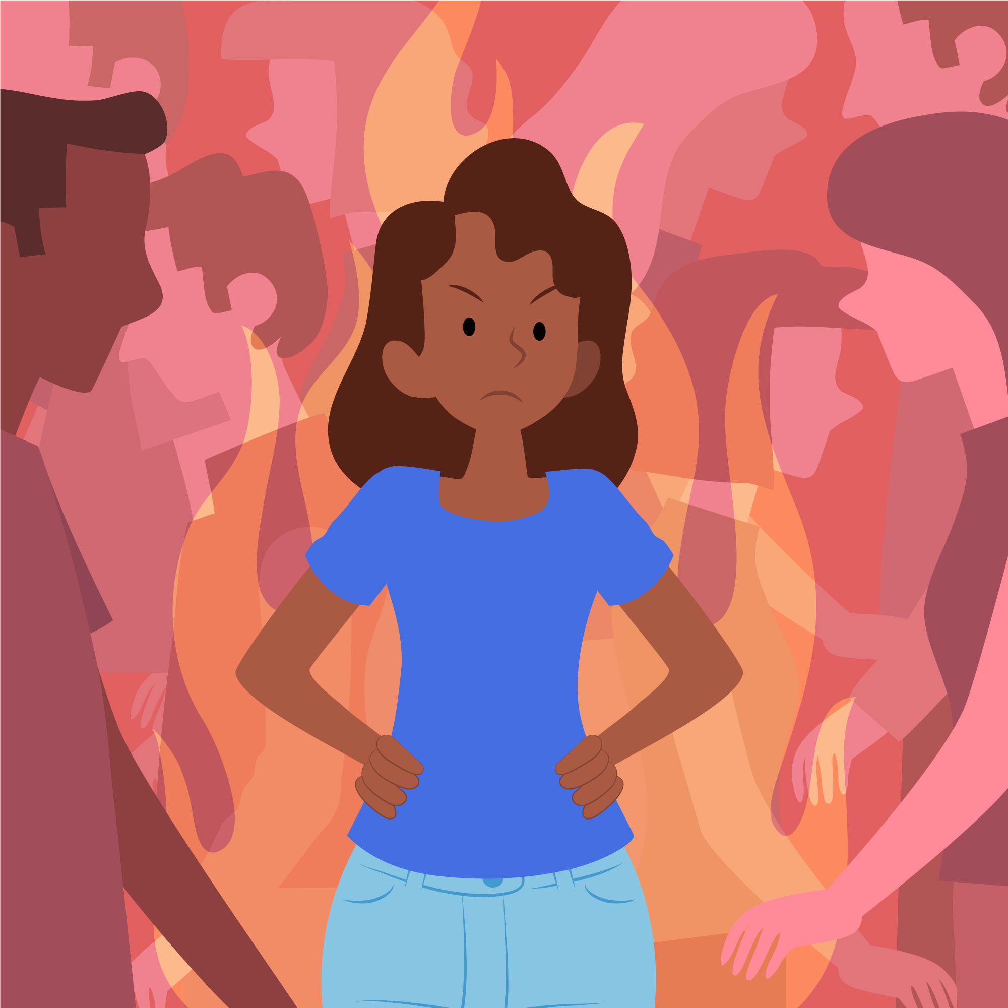 Illustration of a woman standing in between other people. Her eyebrows are pointing down and the corners of her mouth are pointing down too. Her arms are on her side and around her a fire is drawn. The people around her don't have faces and walk past her.
