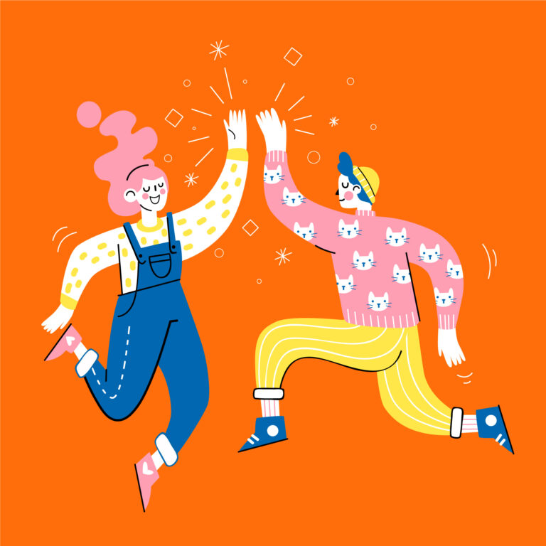 illustration of two people smiling and high-fiving in the air. The background is orange and they're wearing colorful clothing.