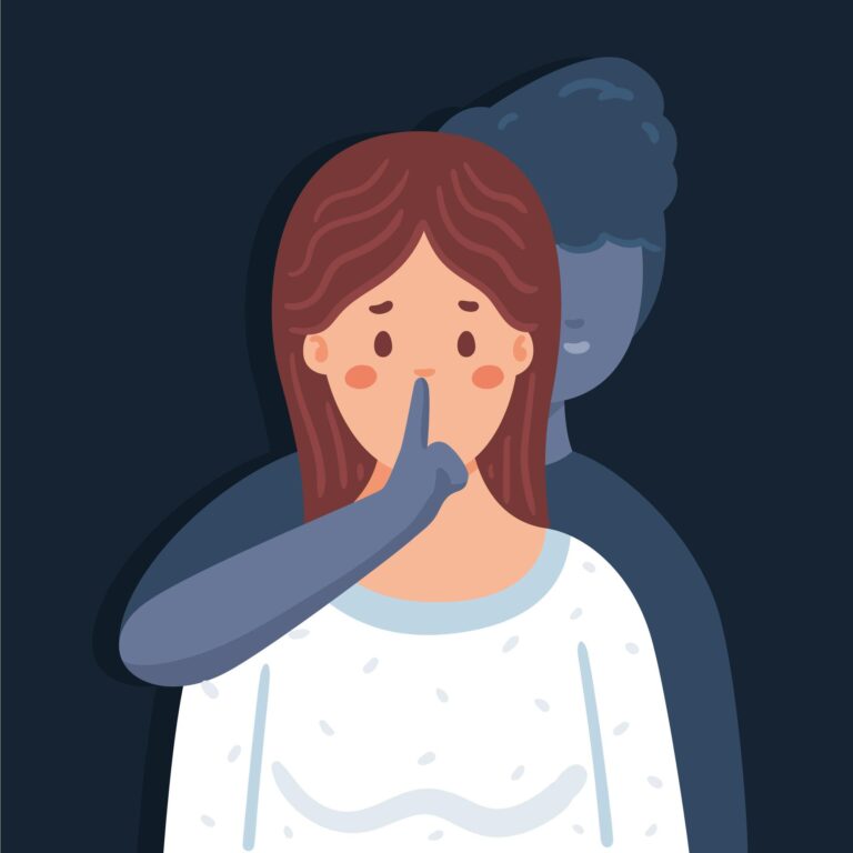 An illustration of a shadow silencing a person, the image is dark and sinister