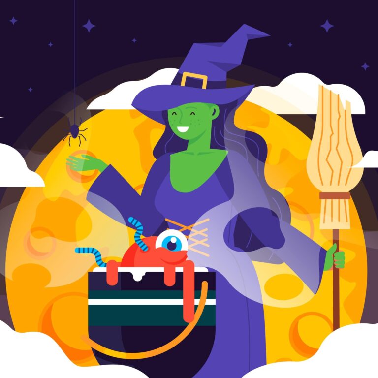 Illustration of a witch with a green face standing in front of a cauldron with monster bits in it. She's holding a broom and is standing in front of a full moon.