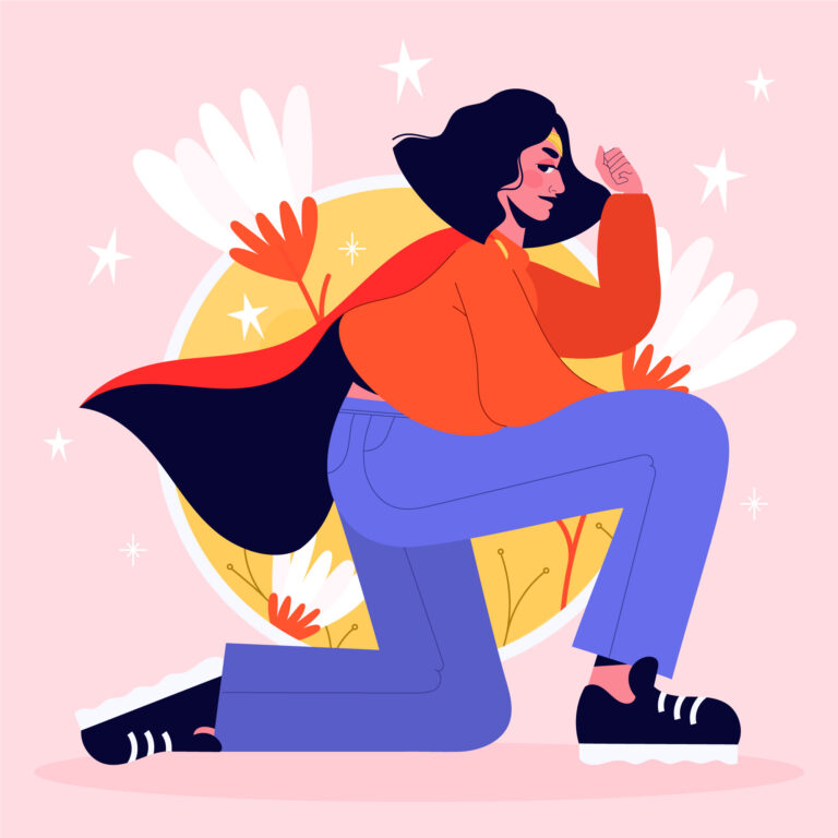 Illustration of a person kneeling with a cape on and flexing their arm in front of a bright background with flowers