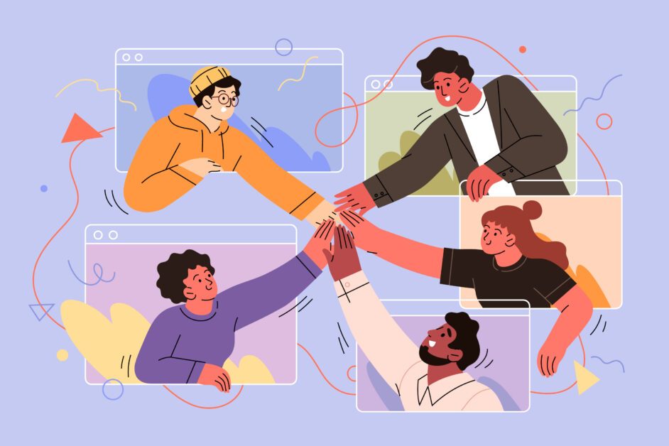 illustration of different people reaching for each other out of browser screens, holding hands