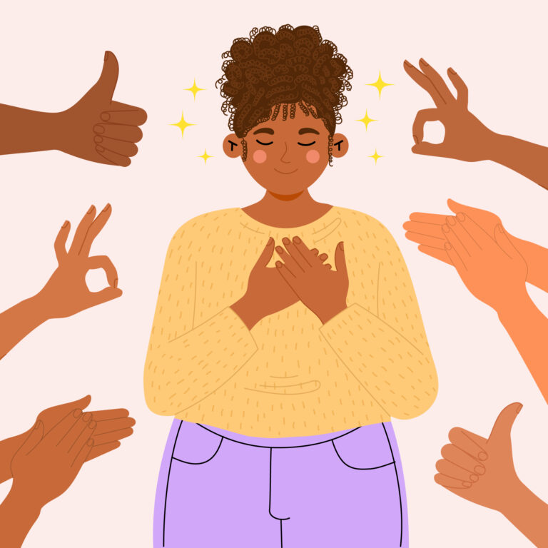 An illustration showing a person holding her hands to her heart with a look of contentment on her face while other hands around her applaud her and give her signs of approval
