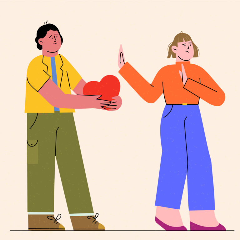 Illustration of two people, one hands the other a heart in their hands, the other gestures with both hands, palms up in a rejecting manner while looking the other way. Both expressions are concerned or sad.