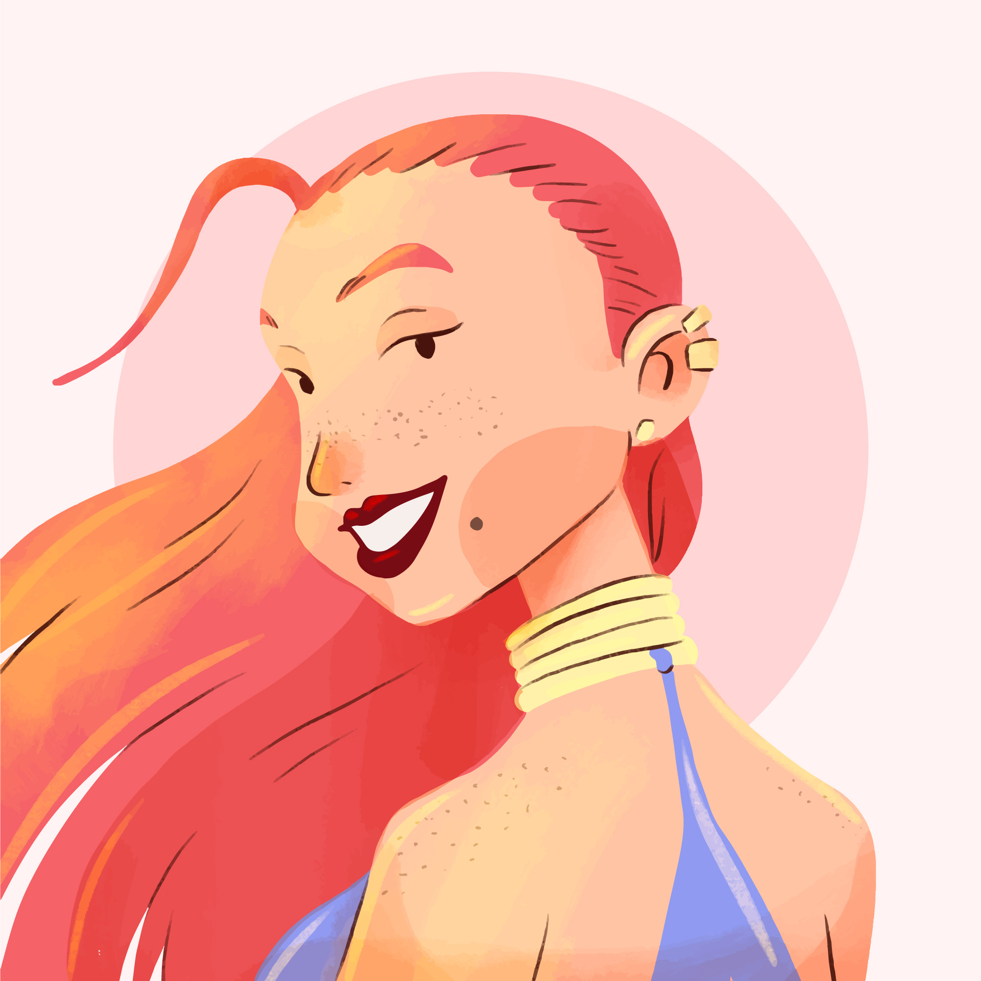 Illustration of a woman looking back at the camera, her hair is flowing in the wind and she is wearing makeup