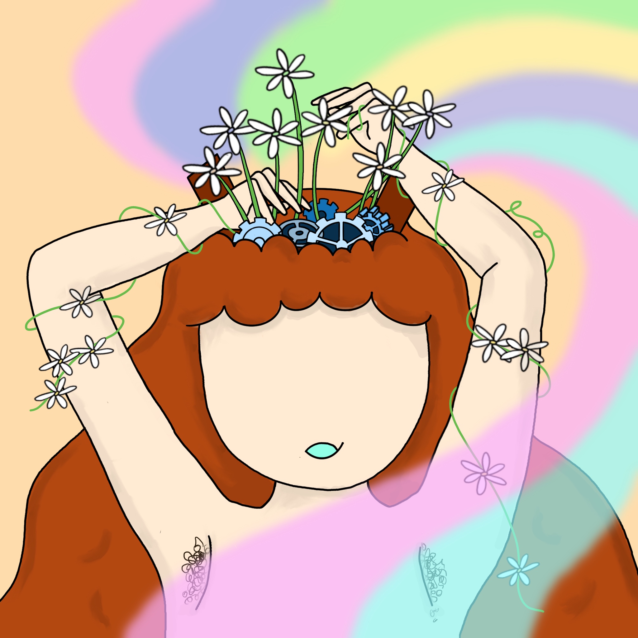 Illustration of a person whose head is 'open' and we see some gears sticking out. They are touching the gears with their hands while flowers grow from it. Out of the opening comes a rainbow.