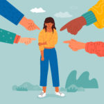 illustration of a person standing, looking down with her eyes closed and the corners of her mouth point down while holding her other arm with one hand. Around her, there are four fingers pointing at her.